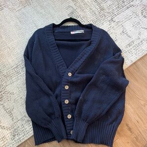 Free People: Navy Blue Button-Up Cardigan